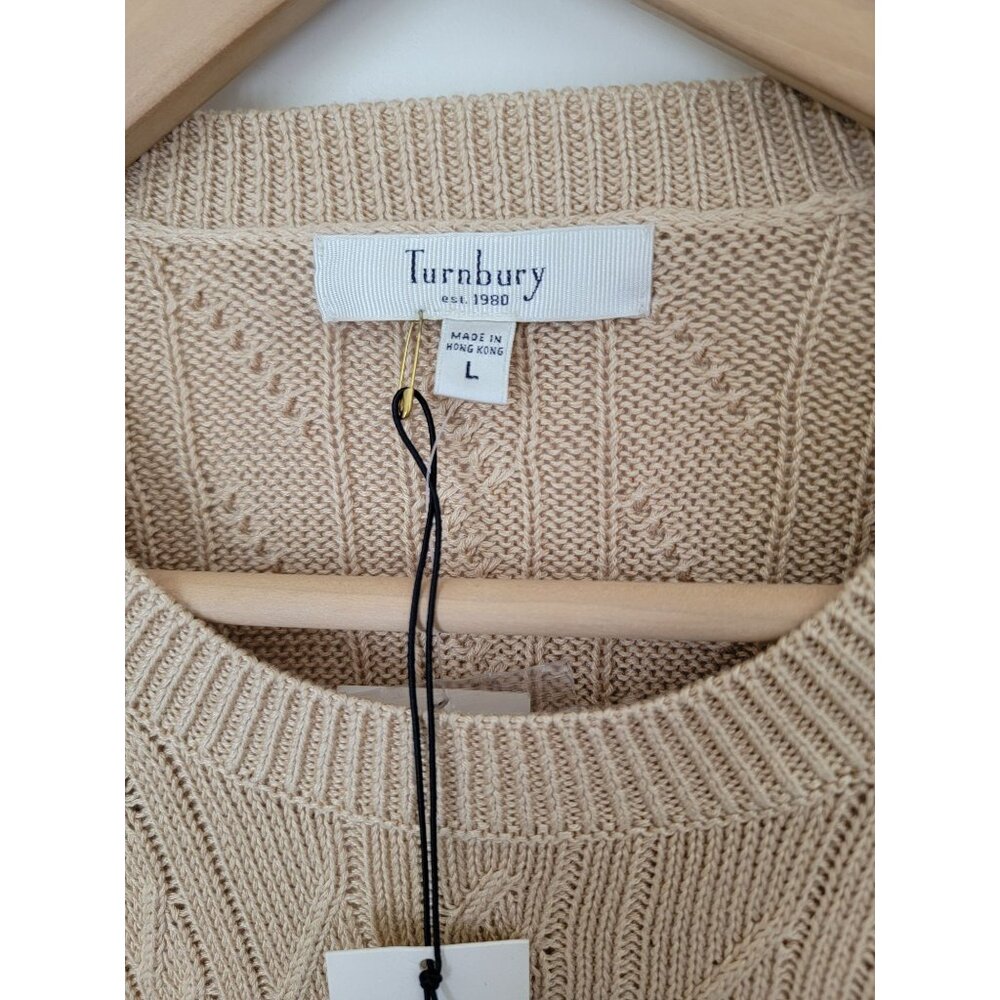 NWT TURNBURY Cable Knit Beige Crew Neck Long Sleeve Sweater 100% Cotton Men's L - Picture 3 of 6